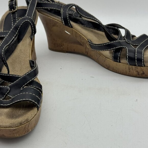 Vintage Mudd Sandals Wedges Black/Brown Buckle Faux Leather Open Toe Y2K 90s 7.5 - Picture 4 of 9